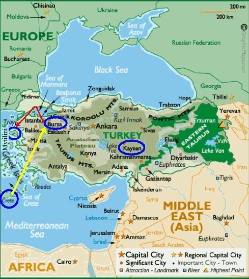 A MAP OF MODERN TURKEY AND SURROUNDING AREAS: Areas circled in blue are of 